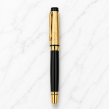 Ballpen Bazaar Metallic Glossy Black Roller Ball Pen with Designer Gold Cap & Clip | Openable | Blue Ink | 1 Pen + 1 Free Refill