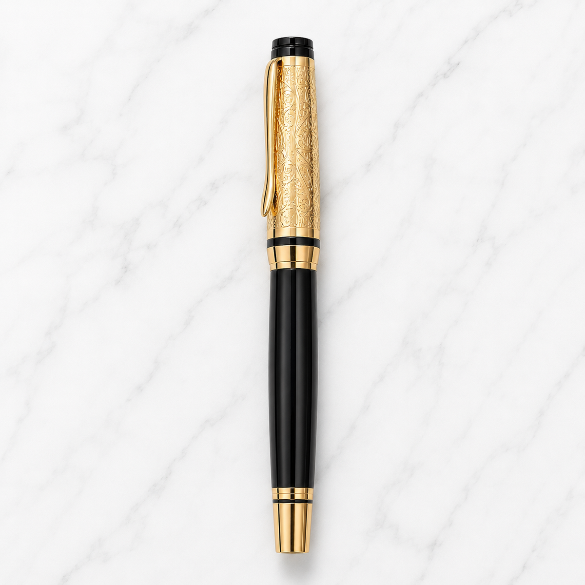 Glossy black roller ball pen with designer gold cap and clip, blue ink