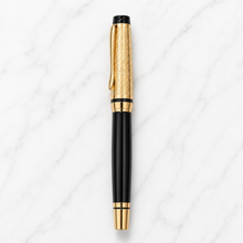 Ballpen Bazaar Metallic Glossy Black Roller Ball Pen with Designer Gold Cap & Clip | Openable | Blue Ink | 1 Pen + 1 Free Refill