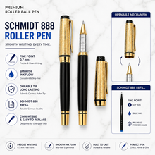 Ballpen Bazaar Metallic Glossy Black Roller Ball Pen with Designer Gold Cap & Clip | Openable | Blue Ink | 1 Pen + 1 Free Refill