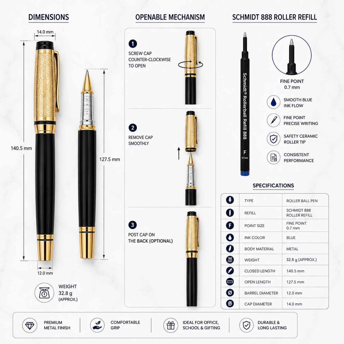 Glossy black roller ball pen with designer gold cap and clip, blue ink