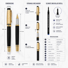 Ballpen Bazaar Metallic Glossy Black Roller Ball Pen with Designer Gold Cap & Clip | Openable | Blue Ink | 1 Pen + 1 Free Refill