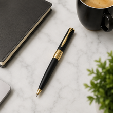 Ballpen Bazaar Matt Black Metal Ball Pen with Gold Design & Gold Clip | Twist Mechanism | Blue Ink | 1 Pen + 1 Free Refill