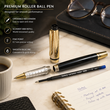 Ballpen Bazaar Metallic Glossy Black Roller Ball Pen with Designer Gold Cap & Clip | Openable | Blue Ink | 1 Pen + 1 Free Refill
