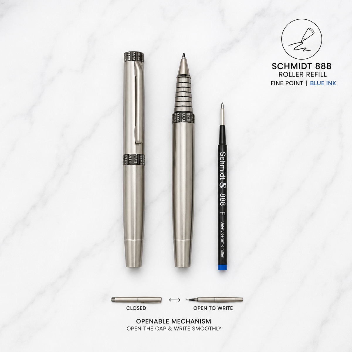Glossy gunmetal roller ball pen with gunmetal cap, openable mechanism and blue ink