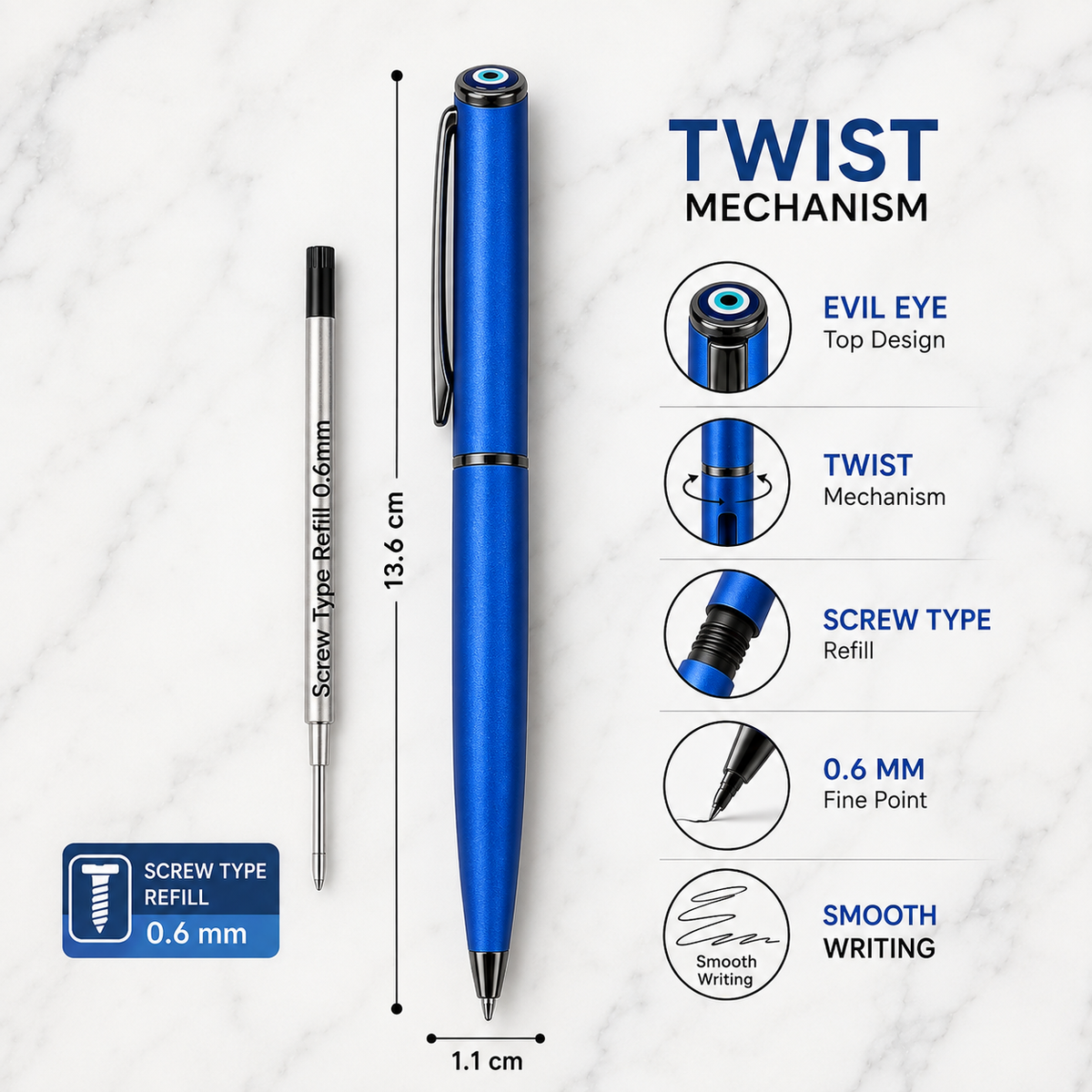 Matt Blue Twist Metal Ball Pen with Glossy Blue Clip product view 3
