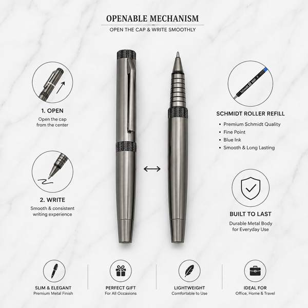 Ballpen Bazaar Metallic Glossy Gunmetal Colour Body With Gunmetal Colour Cap Openable Mechanism Roller Ball Pen Blue Ink | 1 Pen + 1 Refill Free