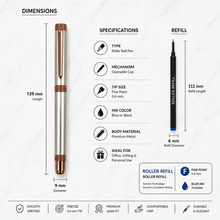 Ballpen Bazaar Metallic Glossy Gunmetal Roller Ball Pen with Gunmetal Cap & Brown Clip | Openable Mechanism | Blue Ink | 1 Pen + 1 Free Refill