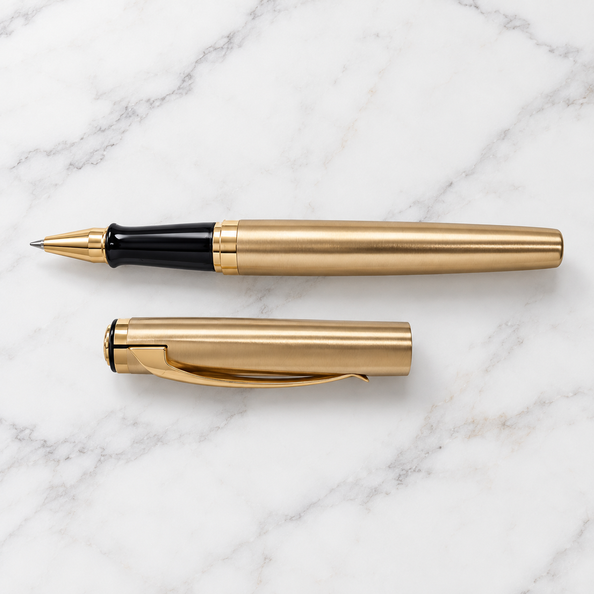 Metallic Glossy Full Gold Roller Ball Pen | Gold Body & Gold Cap | Blue Ink | Openable Metal Pen | 1 Free Roller Refill