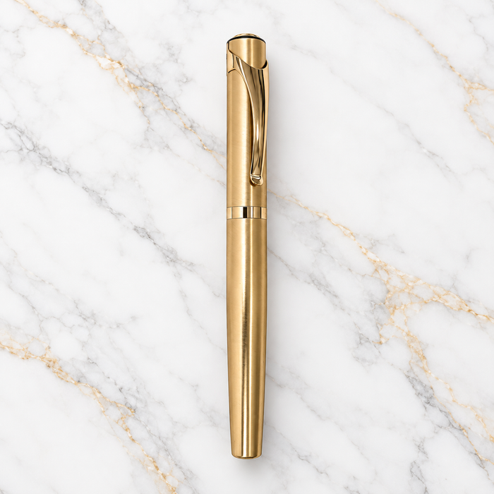 Metallic Glossy Full Gold Roller Ball Pen | Gold Body & Gold Cap | Blue Ink | Openable Metal Pen | 1 Free Roller Refill