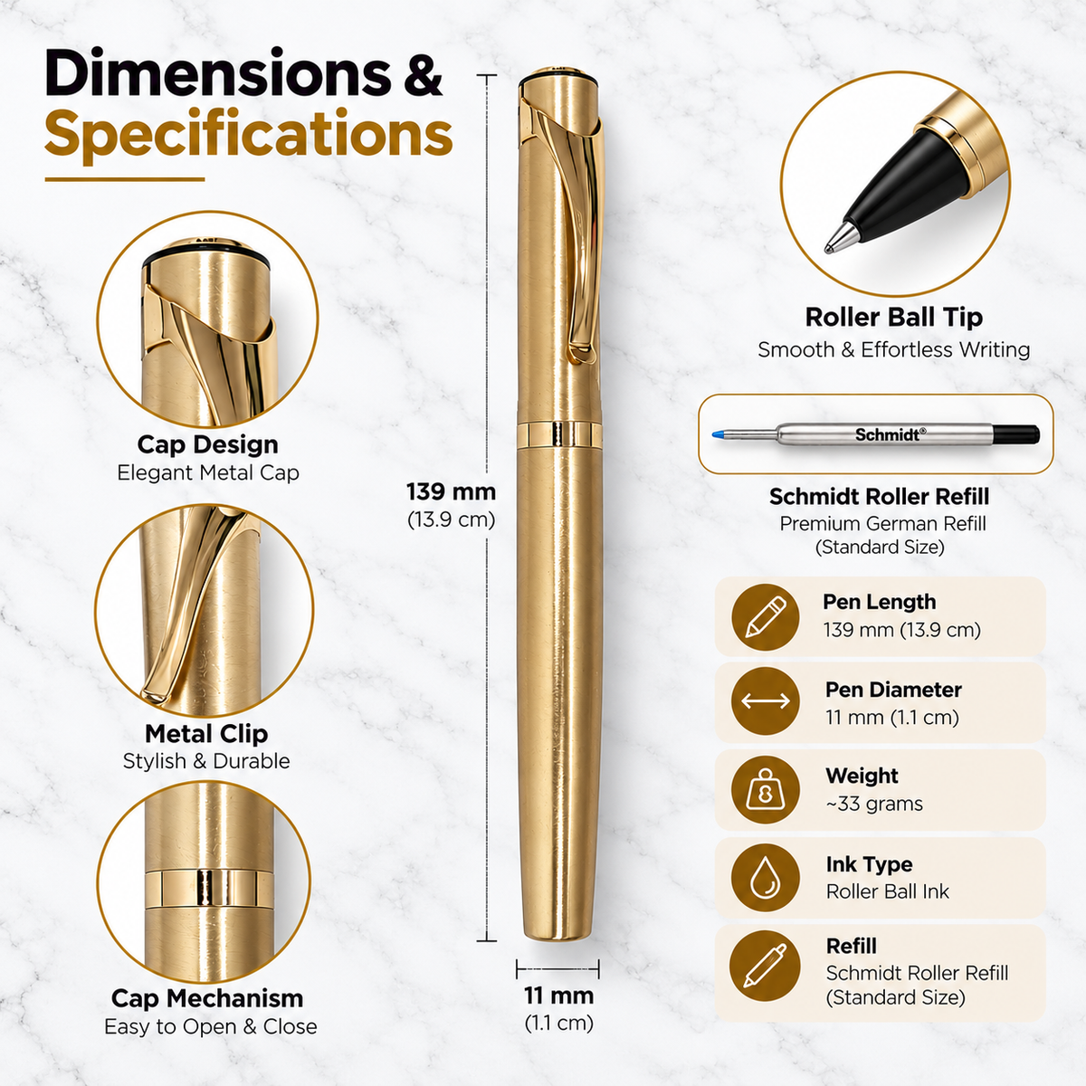 Metallic Glossy Full Gold Roller Ball Pen | Gold Body & Gold Cap | Blue Ink | Openable Metal Pen | 1 Free Roller Refill