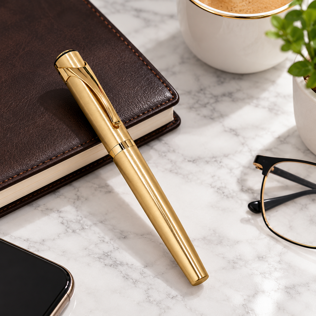 Metallic Glossy Full Gold Roller Ball Pen | Gold Body & Gold Cap | Blue Ink | Openable Metal Pen | 1 Free Roller Refill