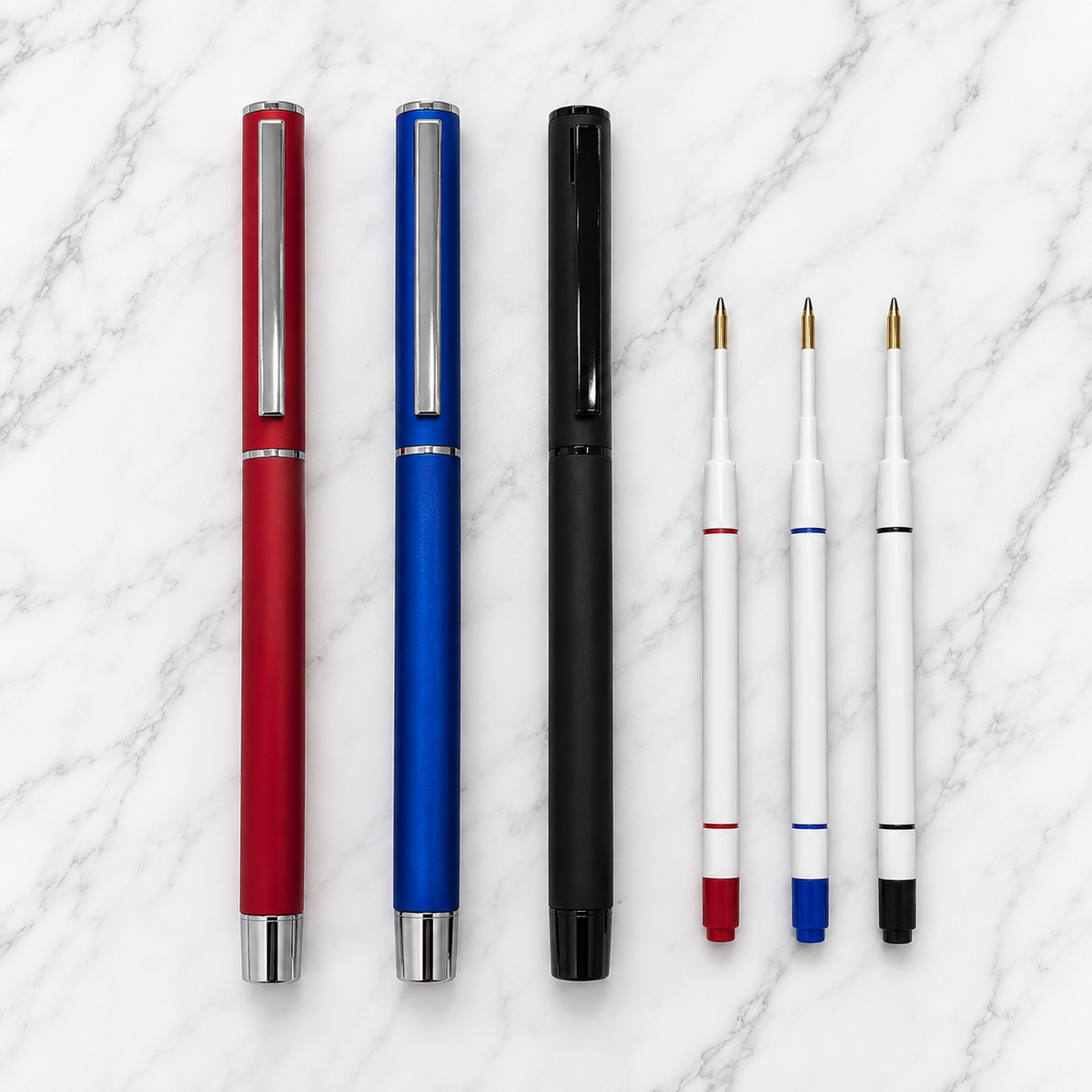 Set of 3 Premium Openable Metal Ball Pens – Matt Red, Matt Blue & Matt Black | Blue Ink | 3 Free Refills