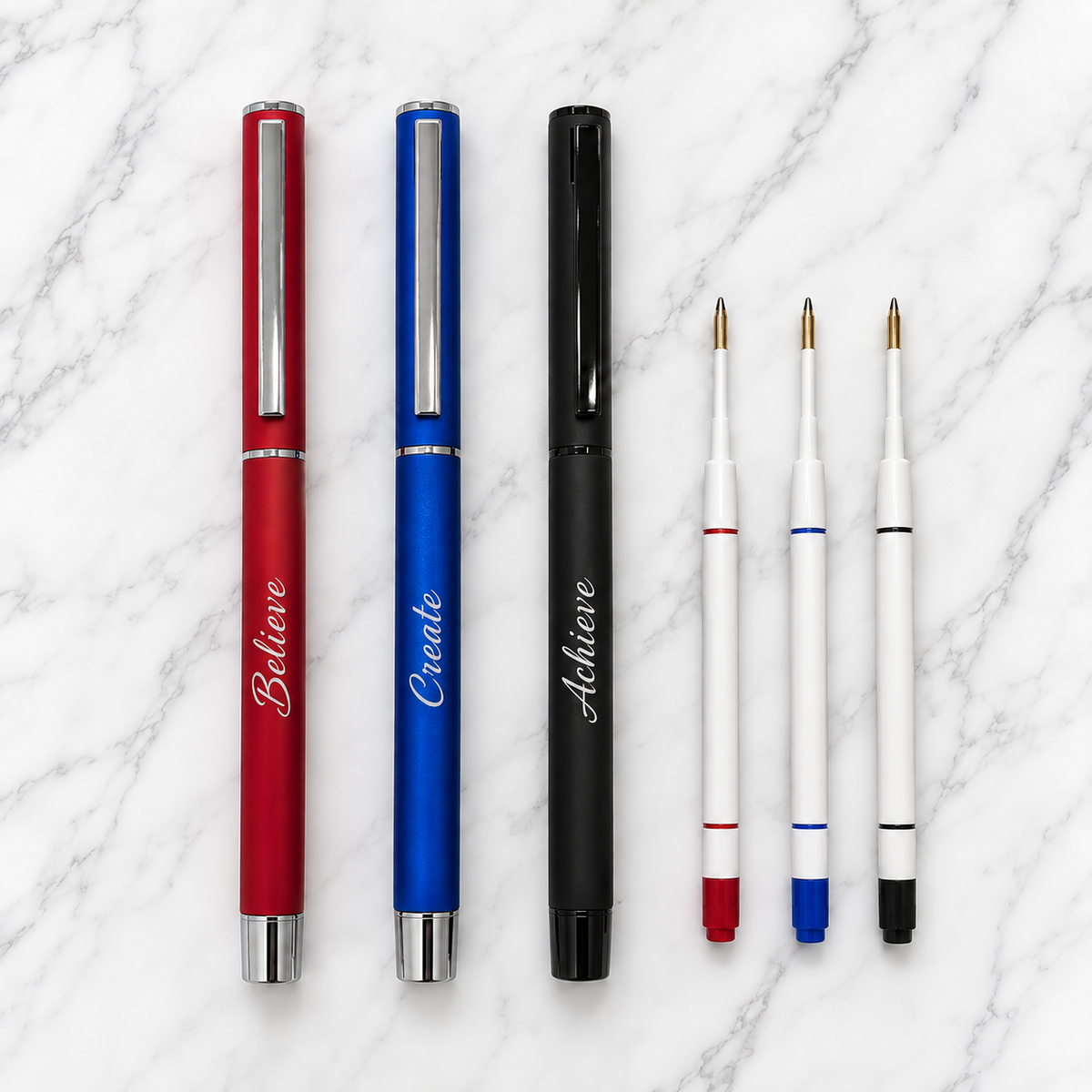 Set of 3 Premium Openable Metal Ball Pens – Matt Red, Matt Blue & Matt Black | Blue Ink | 3 Free Refills