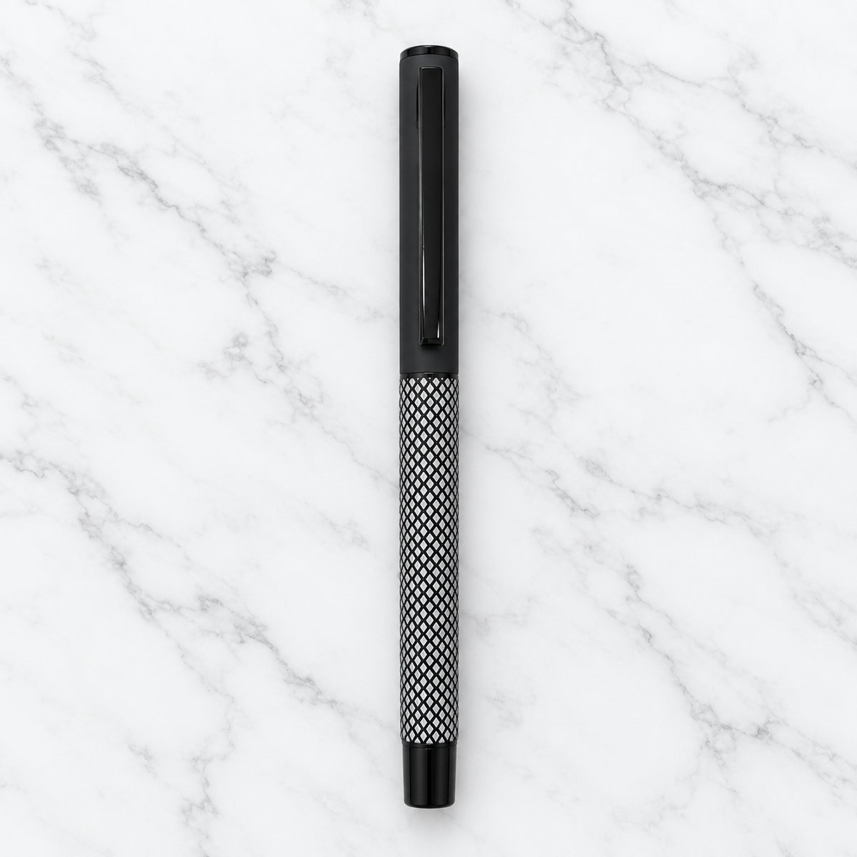 Matt Black Metal Ball Pen with White Grid Design & Black Cap | Openable Mechanism | Blue Ink | 1 Free Refill