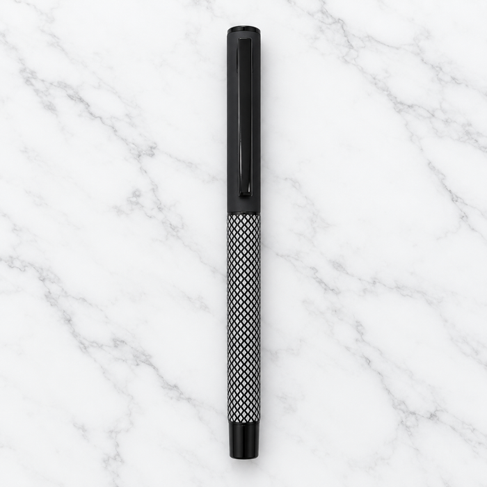 Matt Black Metal Ball Pen with White Grid Design & Black Cap | Openable Mechanism | Blue Ink | 1 Free Refill