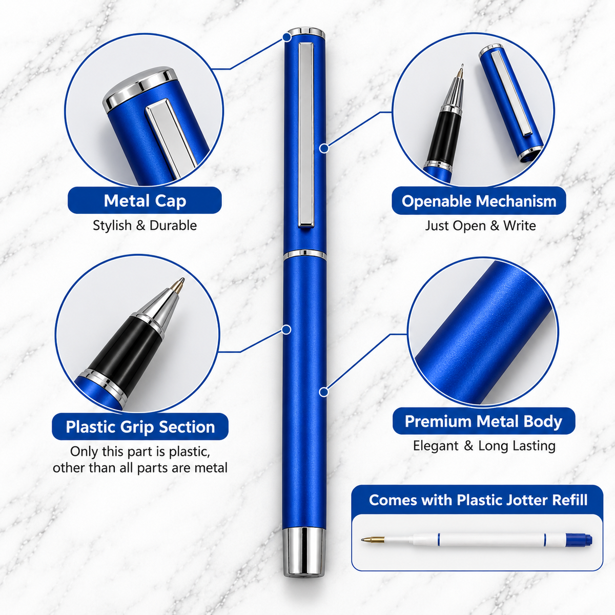 Ballpen Bazaar Matt Blue Openable Metal Ball Pen with Blue Ink | Silver Clip | 1 Free Refill | Executive Gift Pen