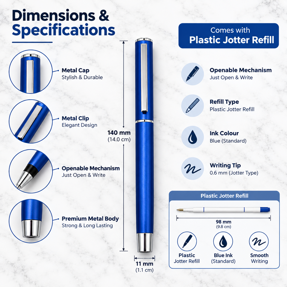 Ballpen Bazaar Matt Blue Openable Metal Ball Pen with Blue Ink | Silver Clip | 1 Free Refill | Executive Gift Pen