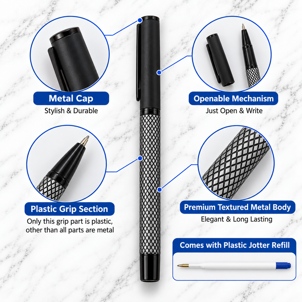 Matt Black Metal Ball Pen with White Grid Design & Black Cap | Openable Mechanism | Blue Ink | 1 Free Refill
