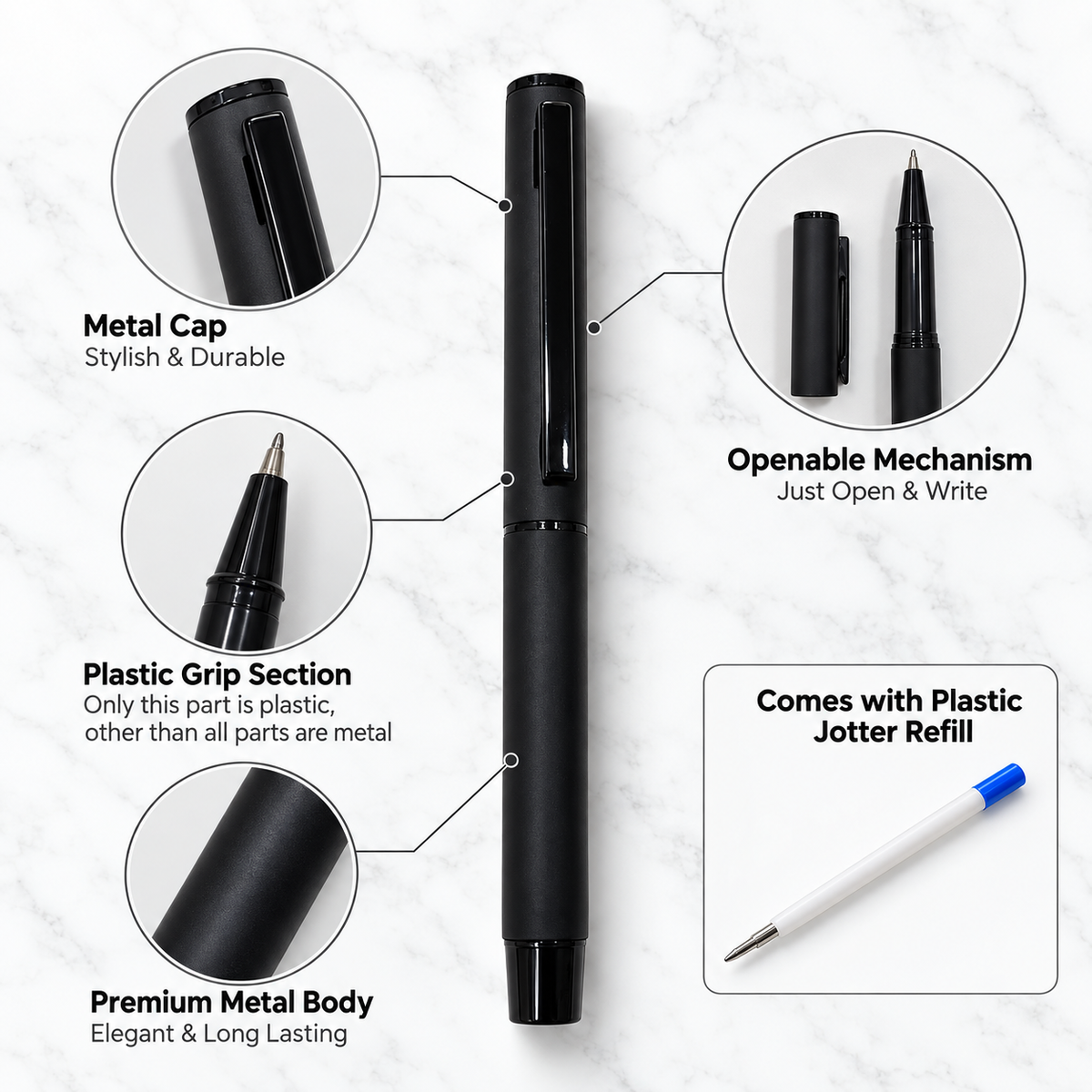 Set of 3 Premium Openable Metal Ball Pens – Matt Red, Matt Blue & Matt Black | Blue Ink | 3 Free Refills