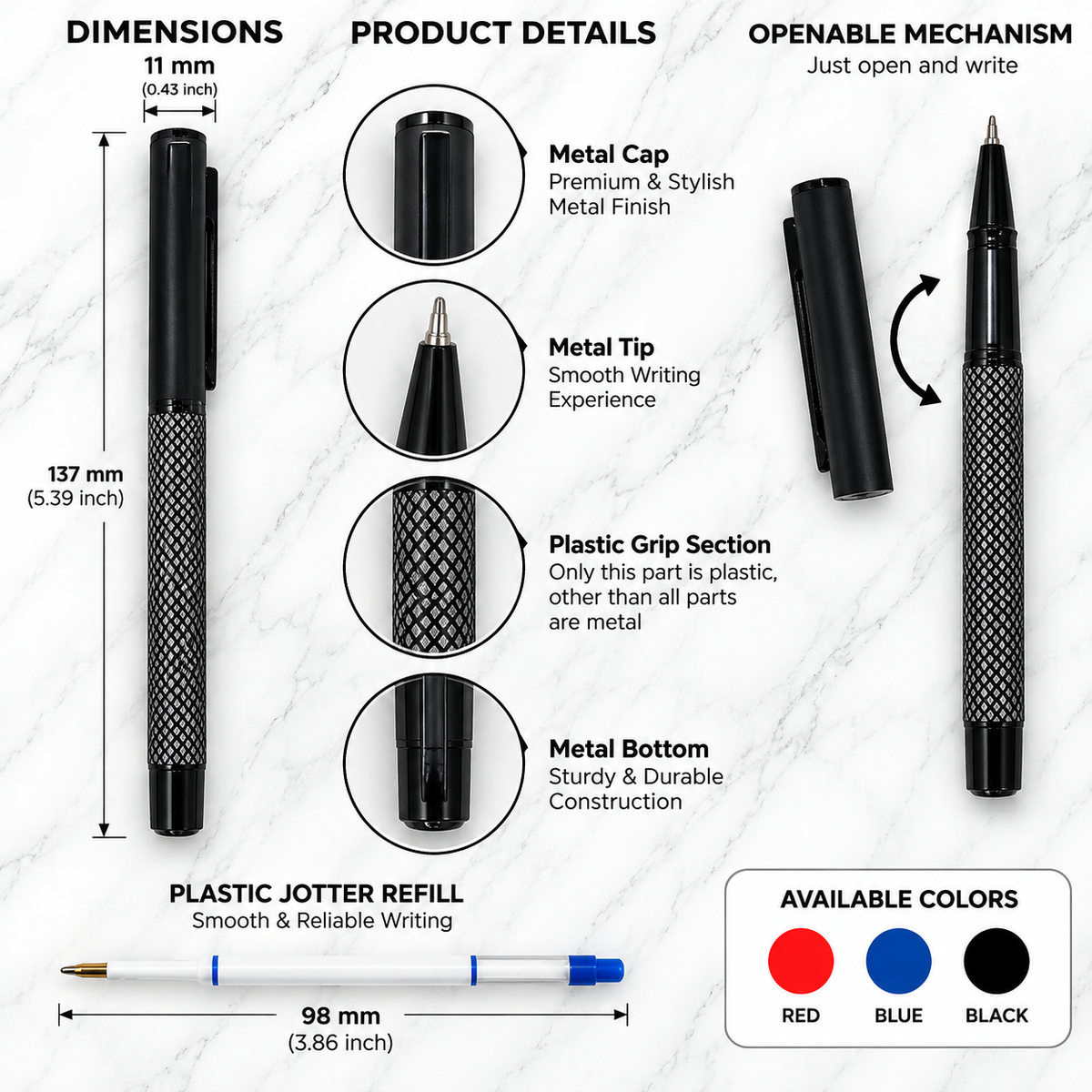 Matt Black Metal Ball Pen with White Grid Design & Black Cap | Openable Mechanism | Blue Ink | 1 Free Refill