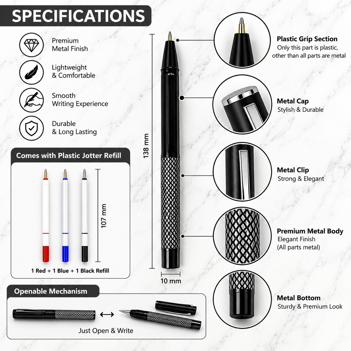 Matt Black Metal Ball Pen with White Grid Design & Black Cap | Openable Mechanism | Blue Ink | 1 Free Refill