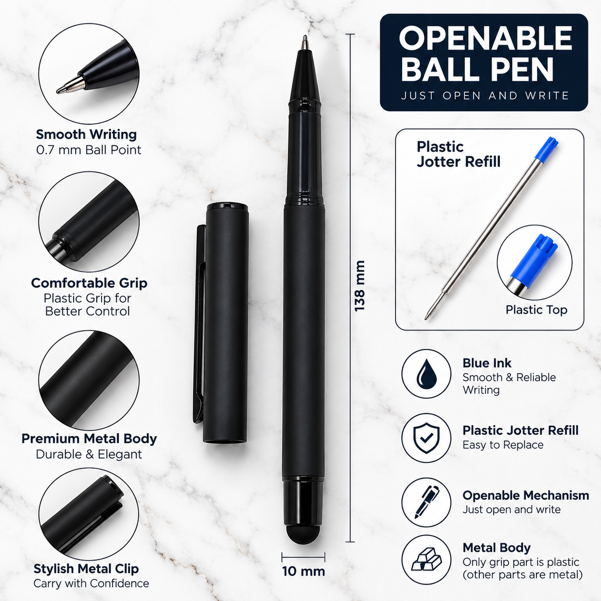 Set of 4 Premium Metal Openable Ball Pens – Matt Blue, Matt Black, Matt Black White Grid & Stylus Matt Black | Blue Ink | 4 Free Refills