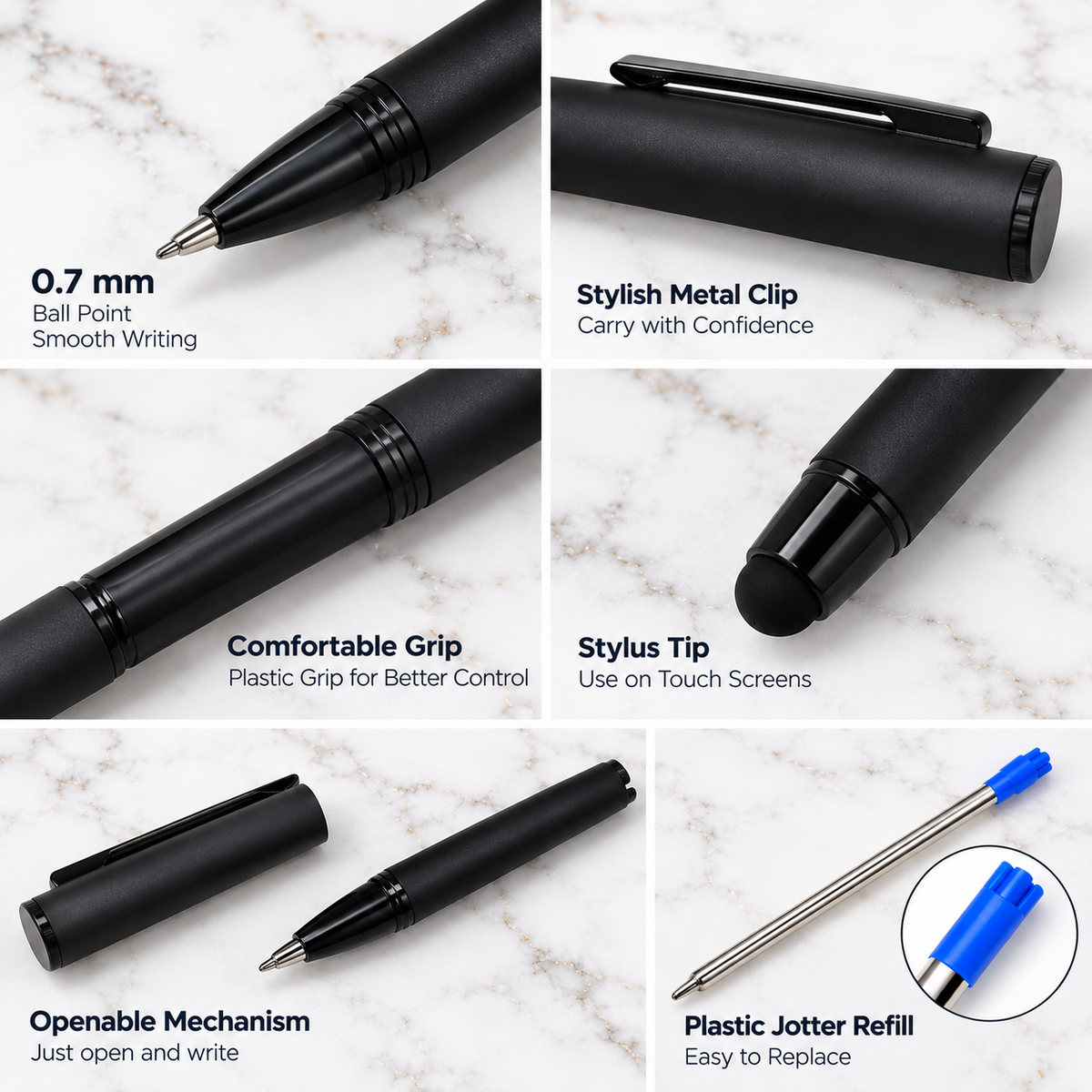 Set of 4 Premium Metal Openable Ball Pens – Matt Blue, Matt Black, Matt Black White Grid & Stylus Matt Black | Blue Ink | 4 Free Refills