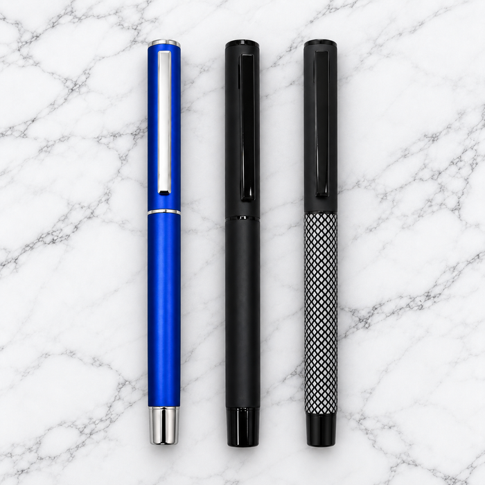 Set of 3 Premium Metal Openable Ball Pens – Matt Blue, Matt Black & Matt Black White Grid Design | Blue Ink | 3 Free Refills