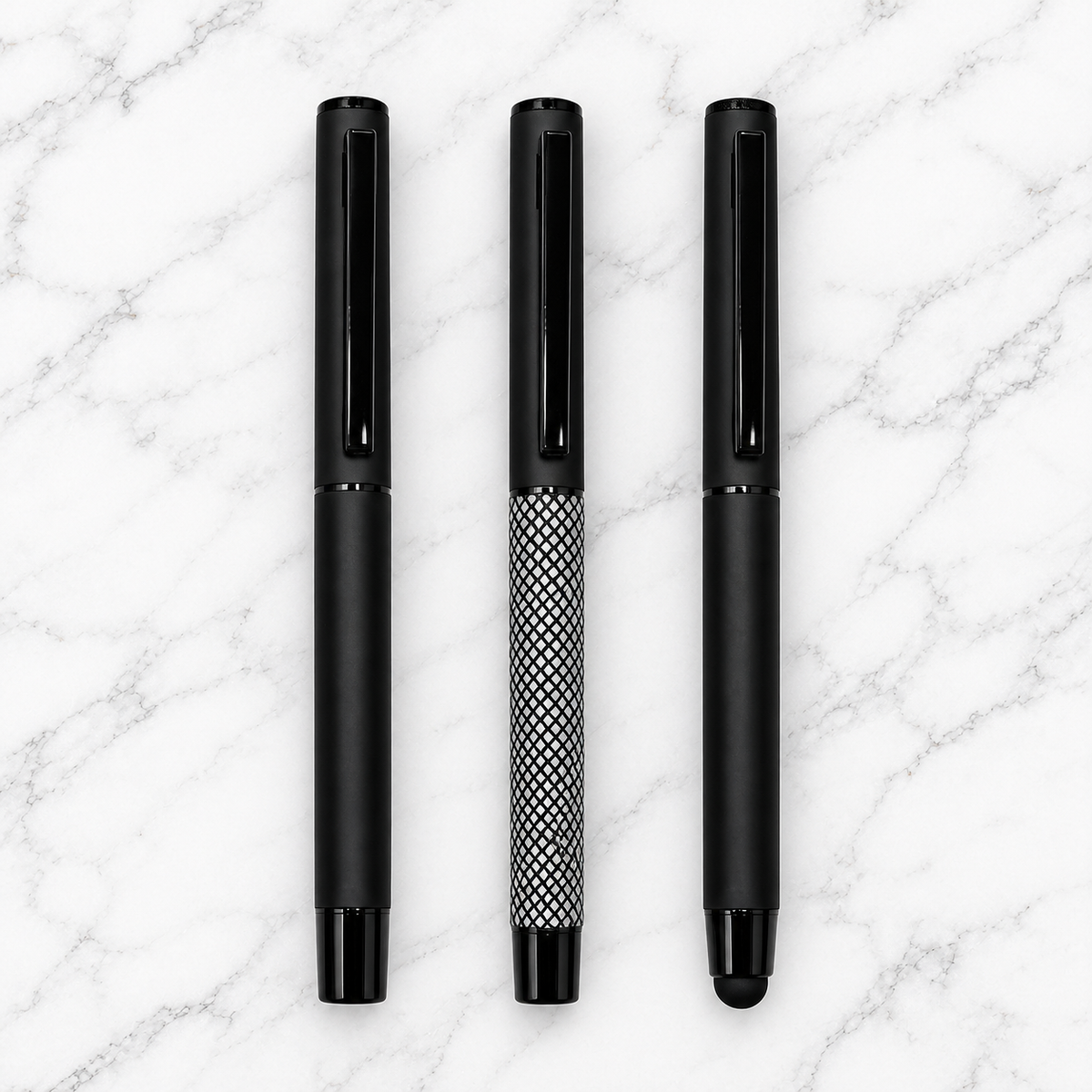 Set of 3 Premium Openable Metal Ball Pens – Matt Black, Matt Black White Grid & Stylus Matt Black | Blue Ink | 3 Free Refills