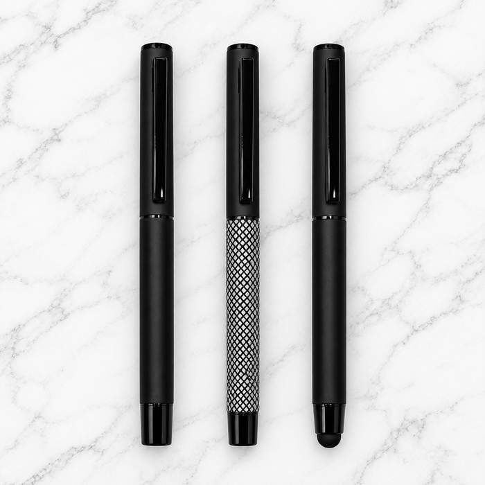 Set of 3 Premium Openable Metal Ball Pens – Matt Black, Matt Black White Grid & Stylus Matt Black | Blue Ink | 3 Free Refills