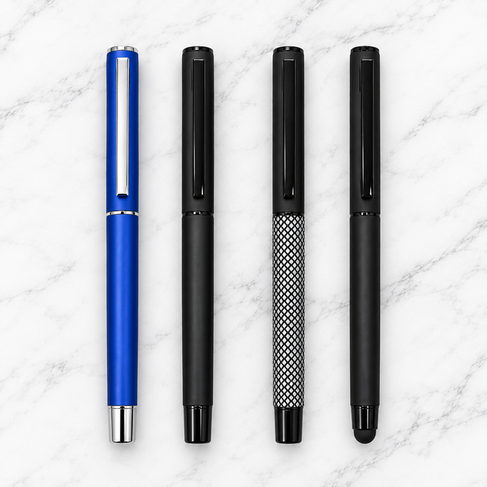 Set of 4 Premium Metal Openable Ball Pens – Matt Blue, Matt Black, Matt Black White Grid & Stylus Matt Black | Blue Ink | 4 Free Refills