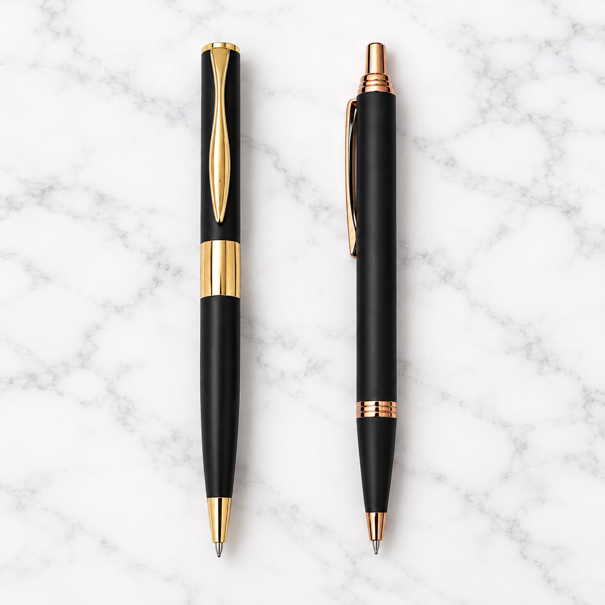 Set of 2 Matt Black Metal Click Ball Pens Gold Design & Copper Clip Blue Ink with 2 Free Refills