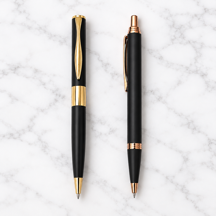Set of 2 Matt Black Metal Click Ball Pens Gold Design & Copper Clip Blue Ink with 2 Free Refills