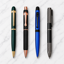Ballpen Bazaar Set of 4 Premium Metal Ball Pens with Free Surprise Pen & Extra Refills | Matt Green Gold Clip, Matt Black Hexaware Copper Clip, Stylus Blue, Metallic Black Twist Blue Ink Gift Set