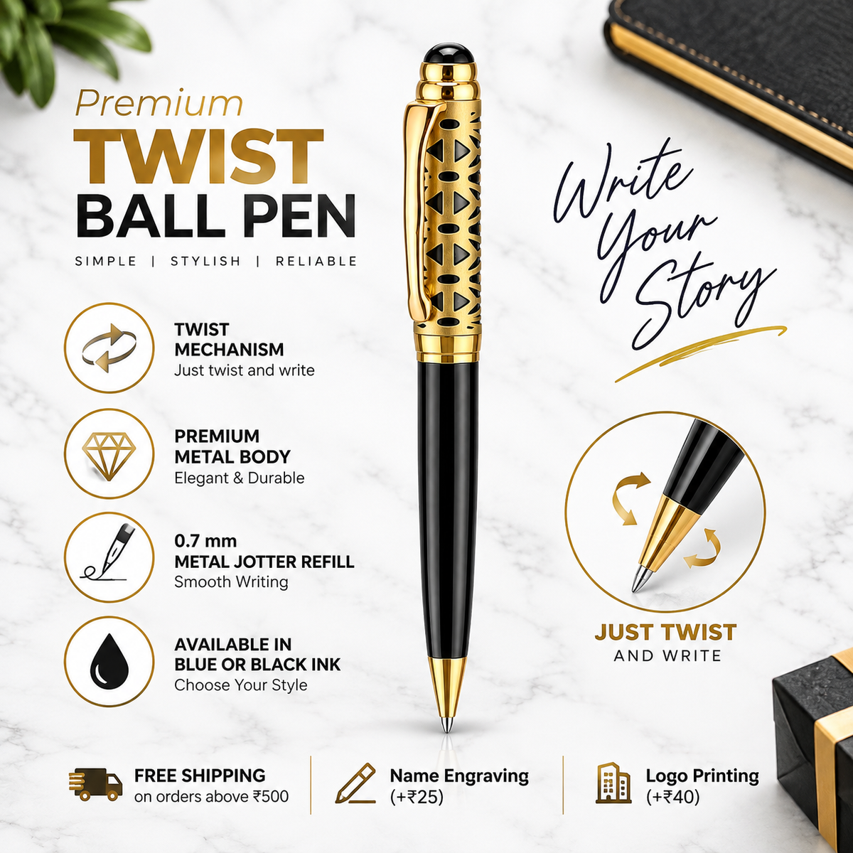 Glossy Black & Gold Dual Colour Twist Ball Pen product view 7