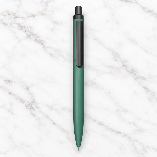 Matt green click metal ball pen with black clip and blue ink