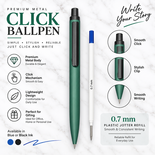 Matt green click metal ball pen with black clip and blue ink