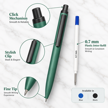 Ballpen Bazaar Matt Green Colour Body With Black Colour Clip Click Mechanism Ball Pen Blue Ink | Premium Metal Pen | 1 Pen with 1 Extra Free Refill