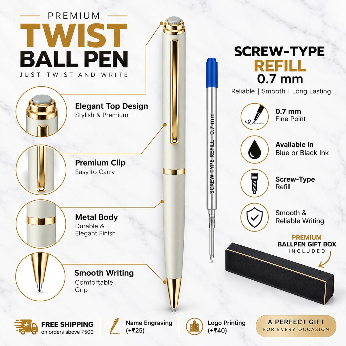 Set of 4 Premium Twist Metal Ball Pens – Blue Ink + 4 Refills product view 10