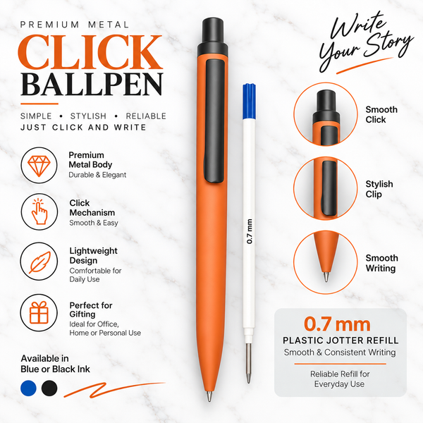 Matt light brown click metal ball pen with black clip and blue ink