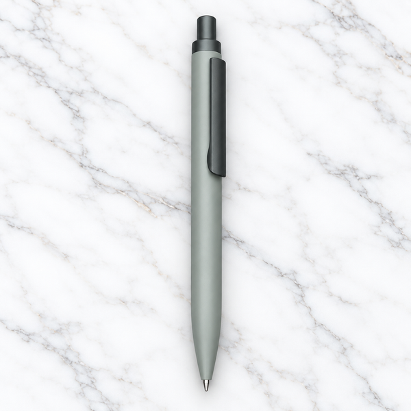 Matt gray click metal ball pen with black clip and blue ink