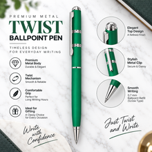 Ballpen Bazaar Matt Finish Green Metal Ball Pen with Silver Double Ring Design & Silver Clip | Twist Mechanism | Blue Ink | 1 Pen + 1 Free Refill