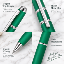 Ballpen Bazaar Matt Finish Green Metal Ball Pen with Silver Double Ring Design & Silver Clip | Twist Mechanism | Blue Ink | 1 Pen + 1 Free Refill