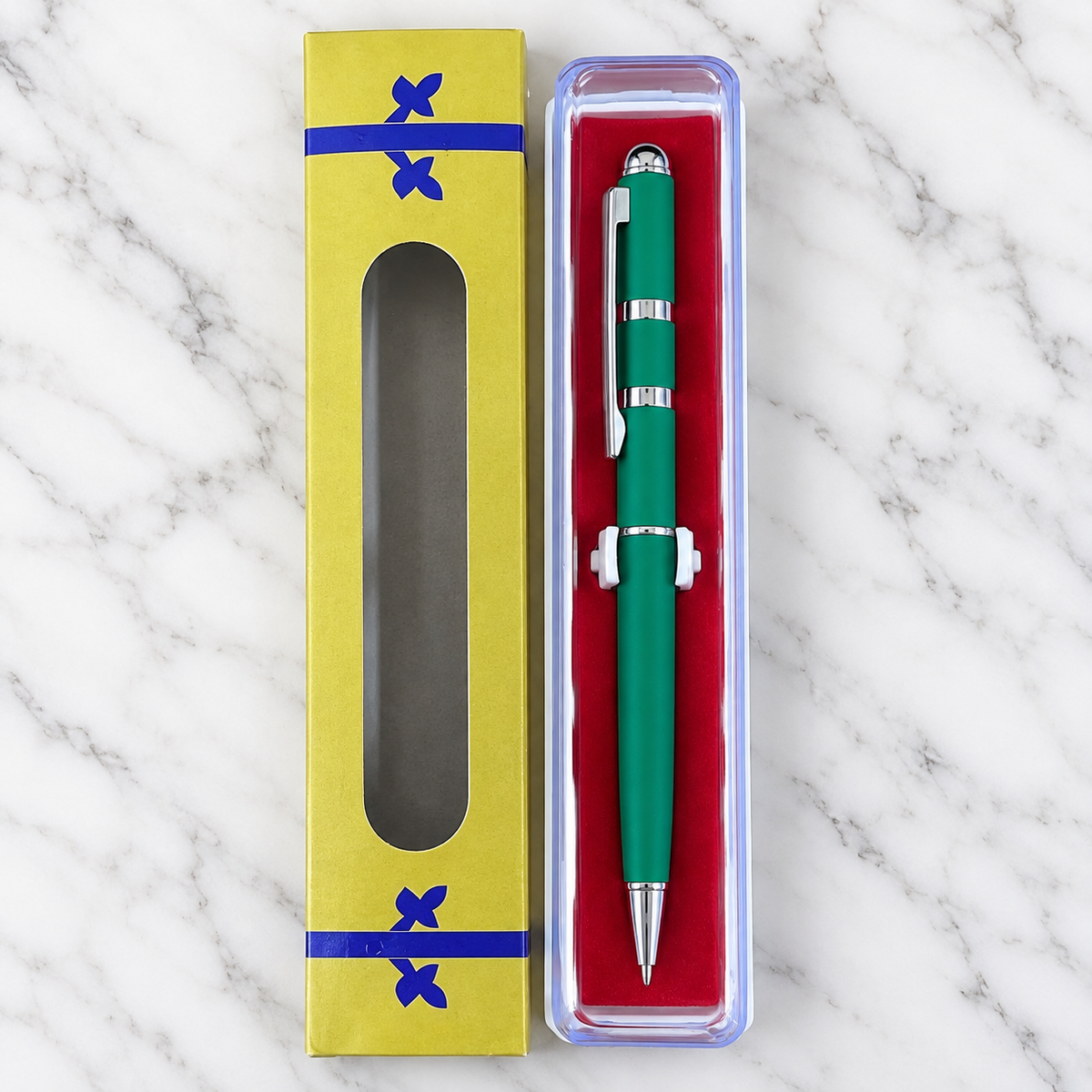Matt Finish Green Metal Ball Pen with Silver Double Ring Design & Silver Clip | Twist Mechanism | Blue Ink | 1 Pen + 1 Free Refill