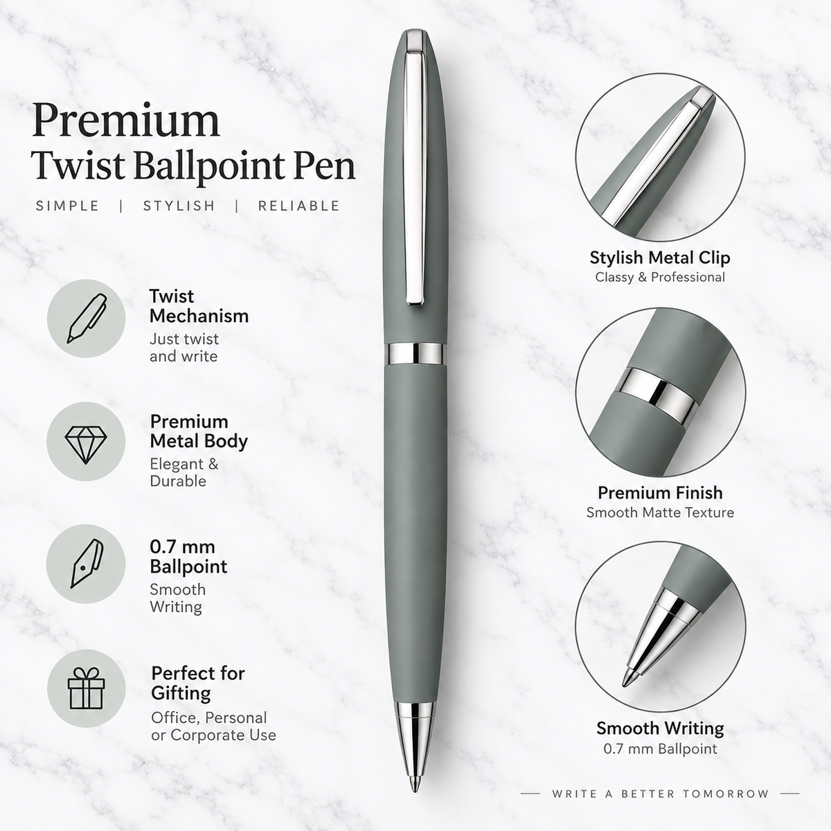 Matt Gray Twist Metal Ball Pen with Silver Clip product view 2