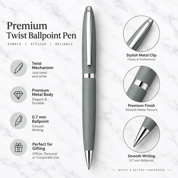 Matt Gray Twist Metal Ball Pen with Silver Clip product view 2