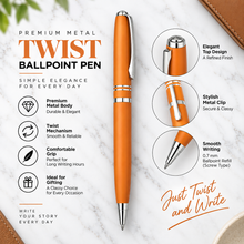 Ballpen Bazaar Matt Finish Orange Colour Body with Silver Colour Double Ring Design & Silver Colour Clip Twist Mechanism Ball Pen | Blue Ink | 1 Pen + 1 Free Refill