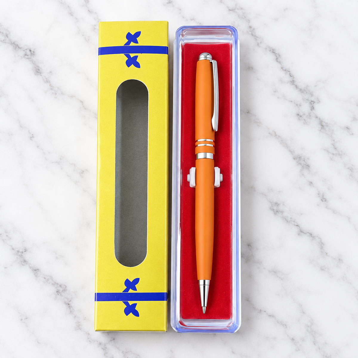Matt Finish Orange Colour Body with Silver Colour Double Ring Design & Silver Colour Clip Twist Mechanism Ball Pen | Blue Ink | 1 Pen + 1 Free Refill