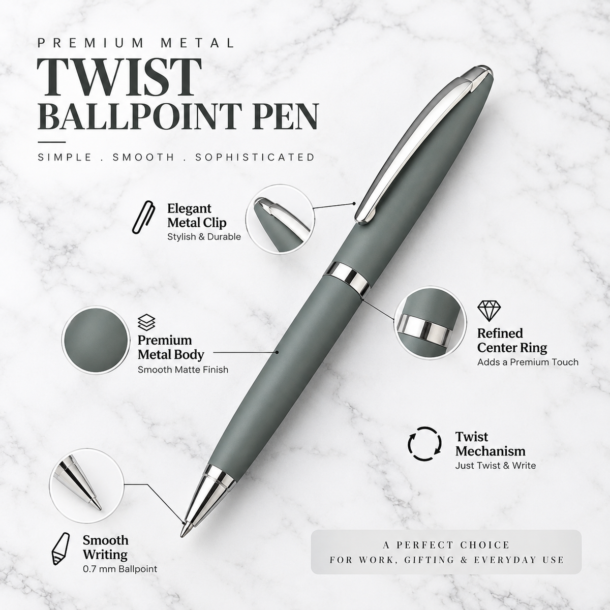 Matt Gray Twist Metal Ball Pen with Silver Clip product view 5